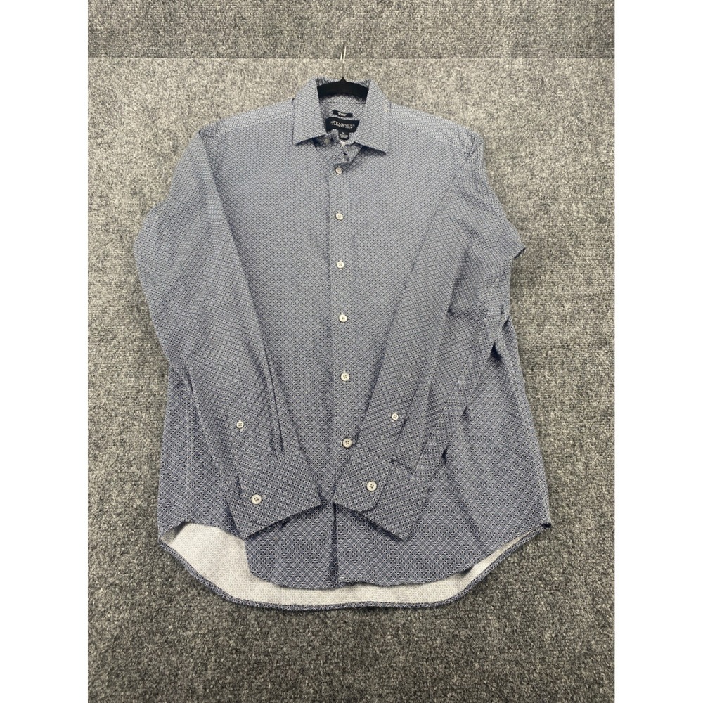 Awearness Kenneth Cole Slim Fit Non-Iron Shirt Mens M Blue Geometric Stretch